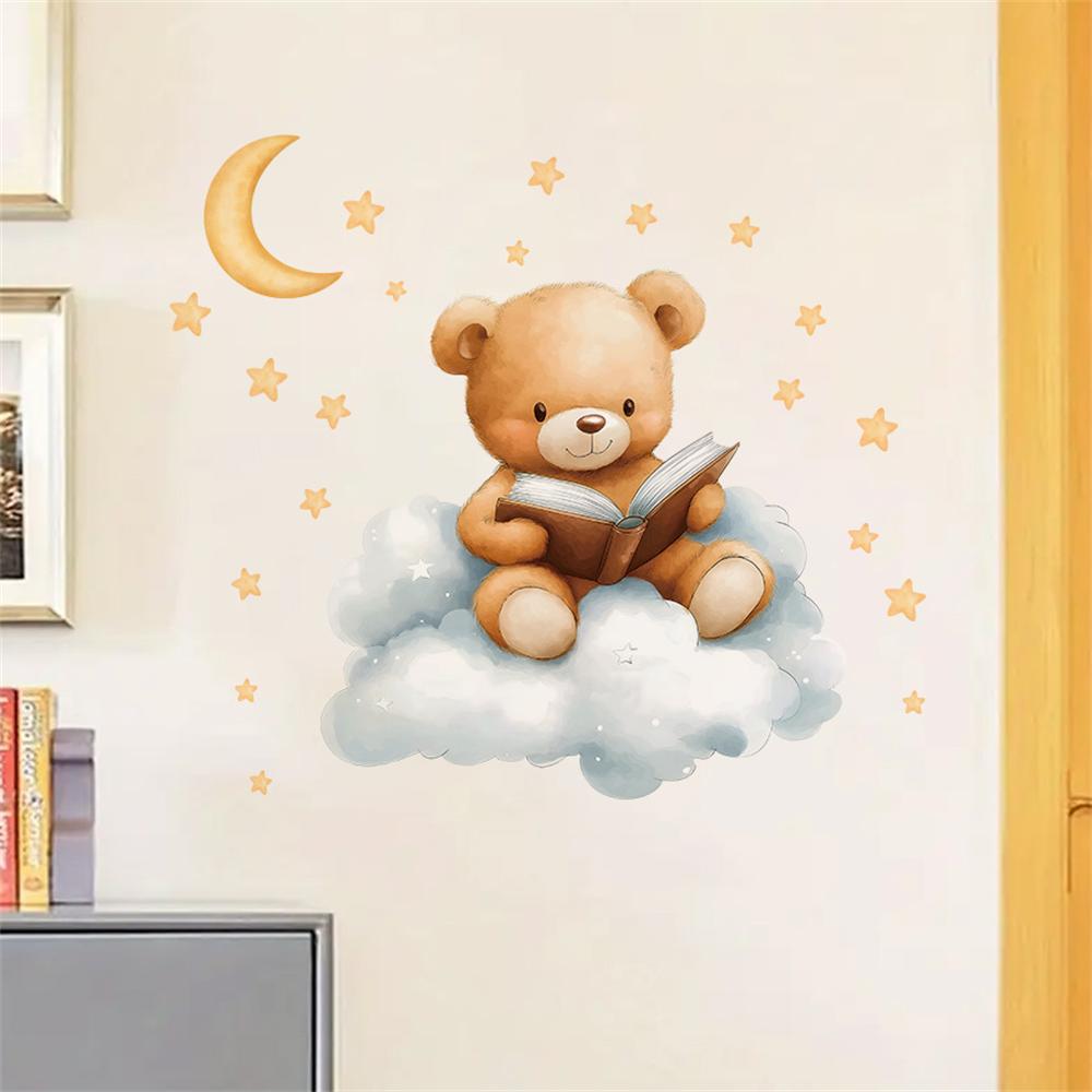 Baby Nursery Wallpaper Girl - Niedliche Bären-, Mond- und Stern-Wandaufkleber für
