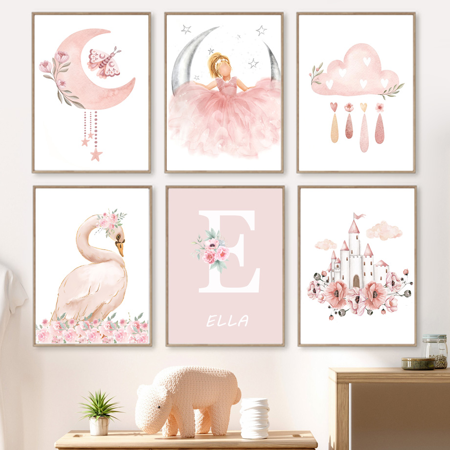 Baby Nursery Paintings - Rosa Engel Mädchen Sonne Mond Wolke