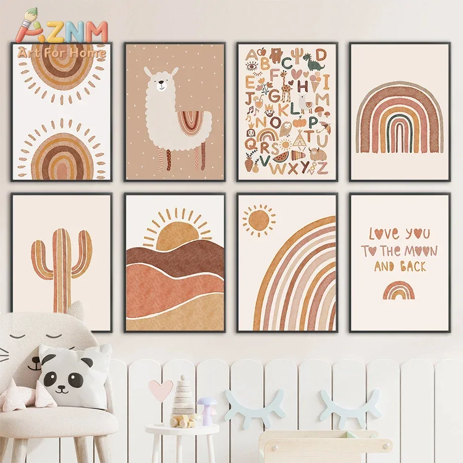 Baby Nursery Jungle - Alpaka-Einhorn, Sonne, Regenbogen, Kaktus, Wandkunst für