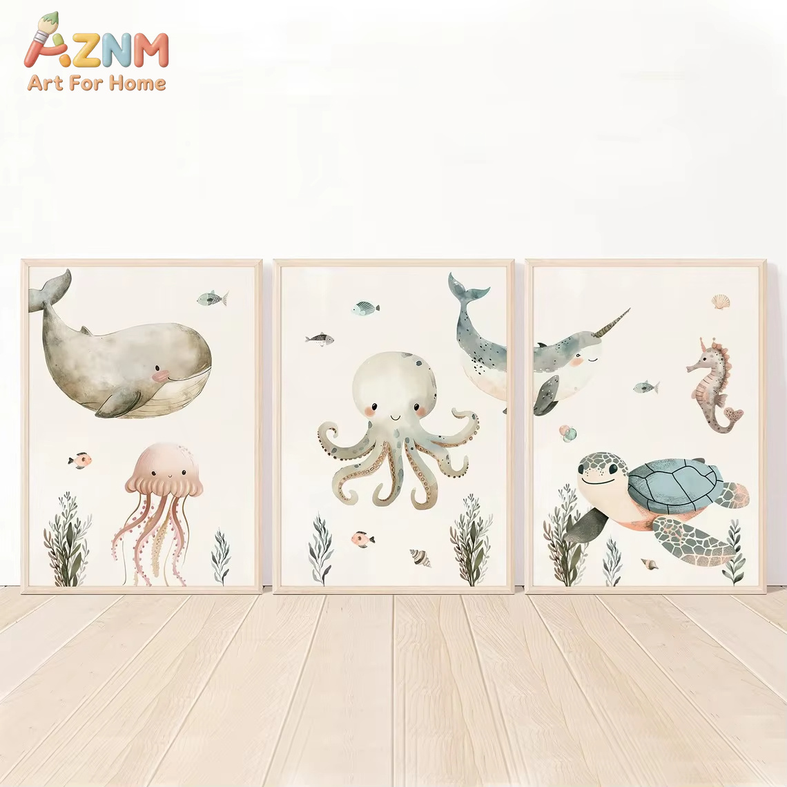 Baby Nursery Paintings - AZNM Aquarell Leinwandbild mit niedlichen Meerestieren: