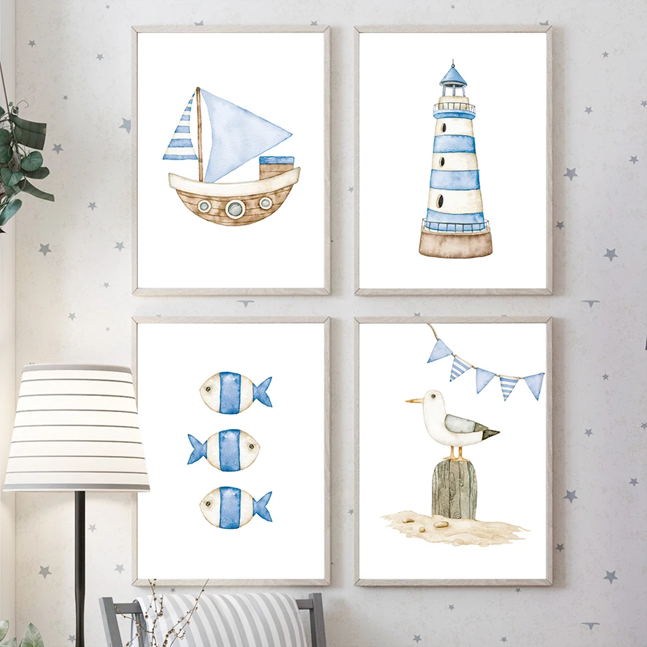 Baby Nursery Paintings - Segelboot, Leuchtturm, Fisch, nautische Kinderzimmer-Poster und