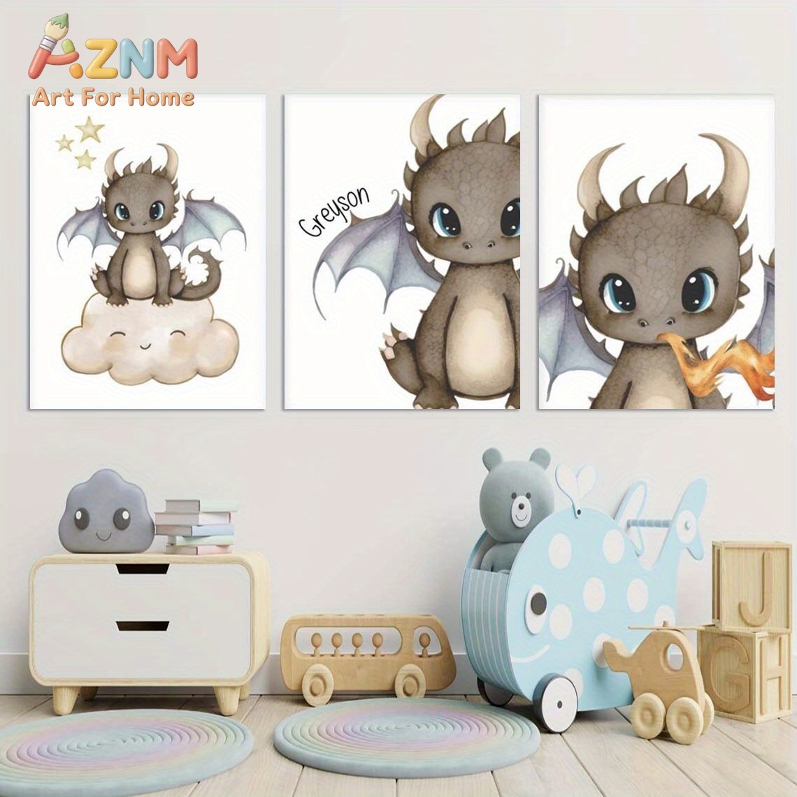 Baby Nursery Paintings - AZNM Niedlicher Baby-Drache Leinwand-Wandbild Cartoon-Fantasiestier Wolke