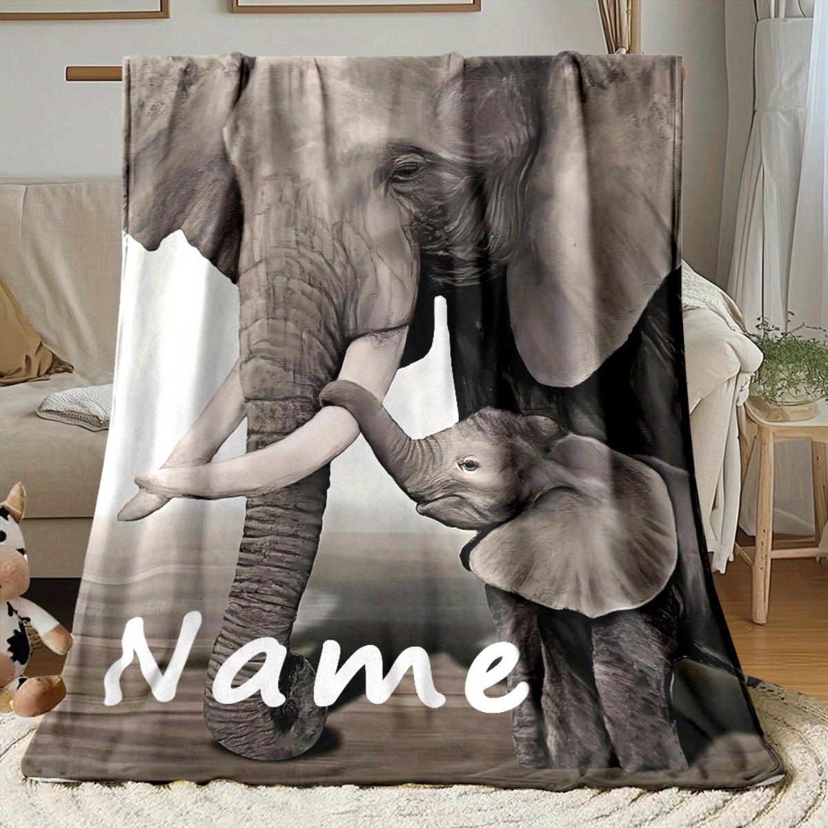 Baby Nursery Jungle - Personalisierte Decke mit Elefantenfamilie für Kinderzimmer,