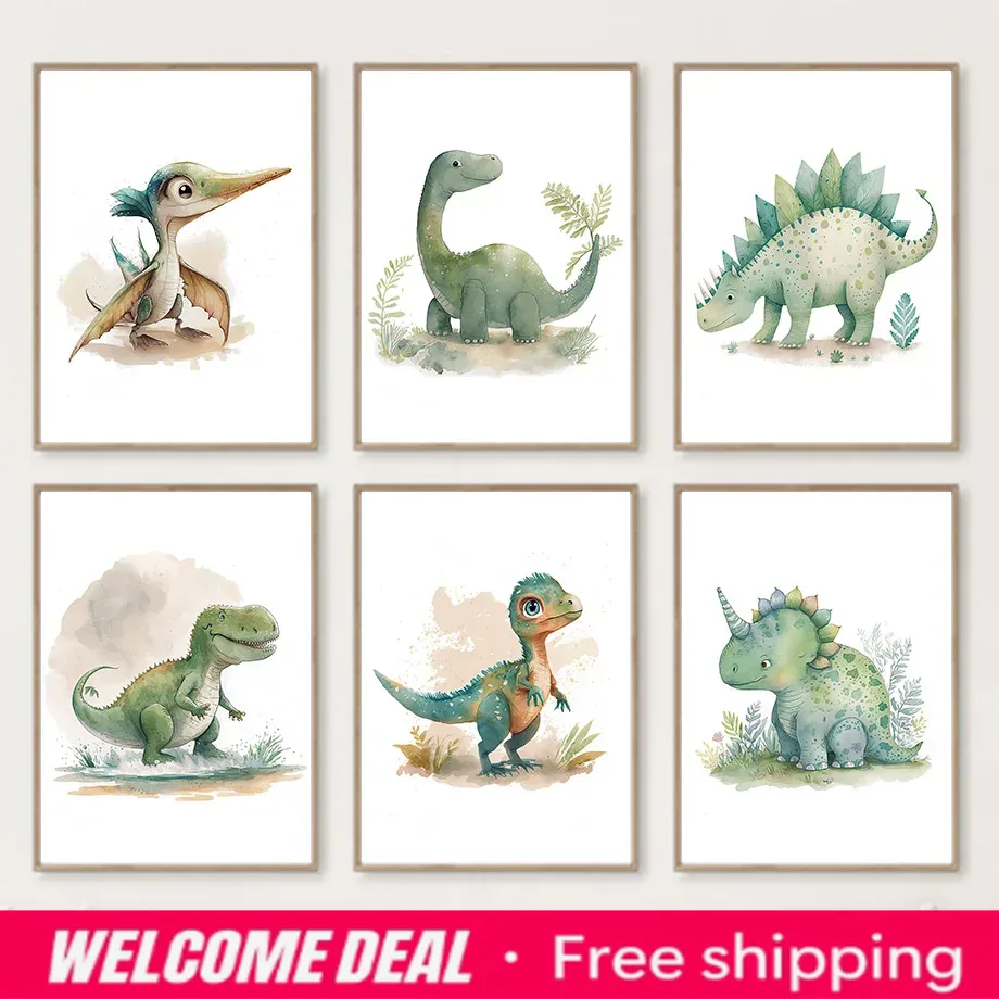 Baby Nursery Jungle - Cartoon-Dinosaurier-Dschungel, Kawaii-Dino-Baby-Shower-Poster, Leinwandbild für das Kinderzimmer,