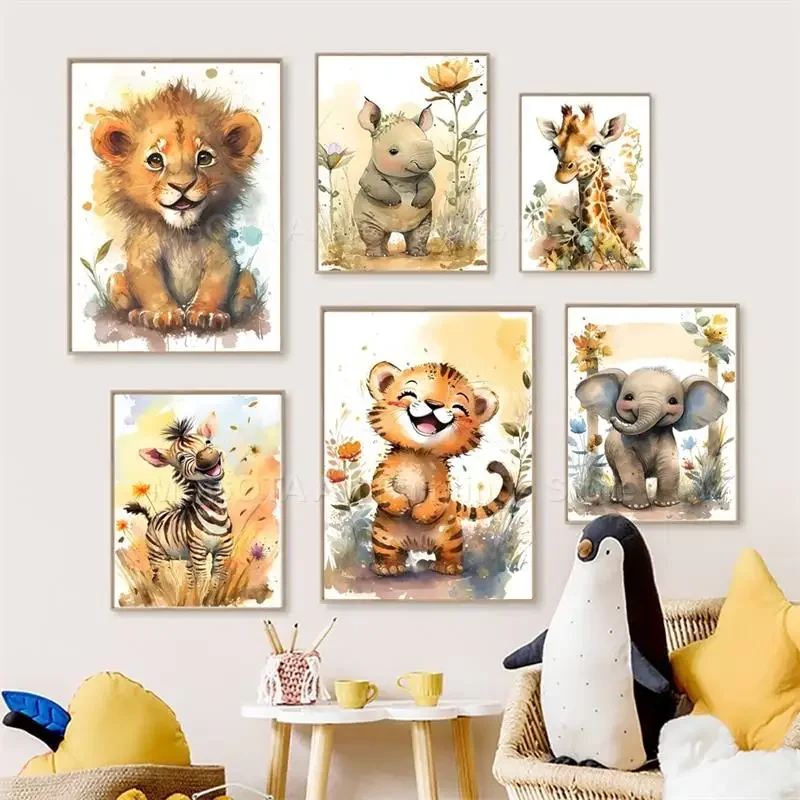 Baby Nursery Paintings - Aquarell Löwe Giraffe Tiger Elefant Zebra