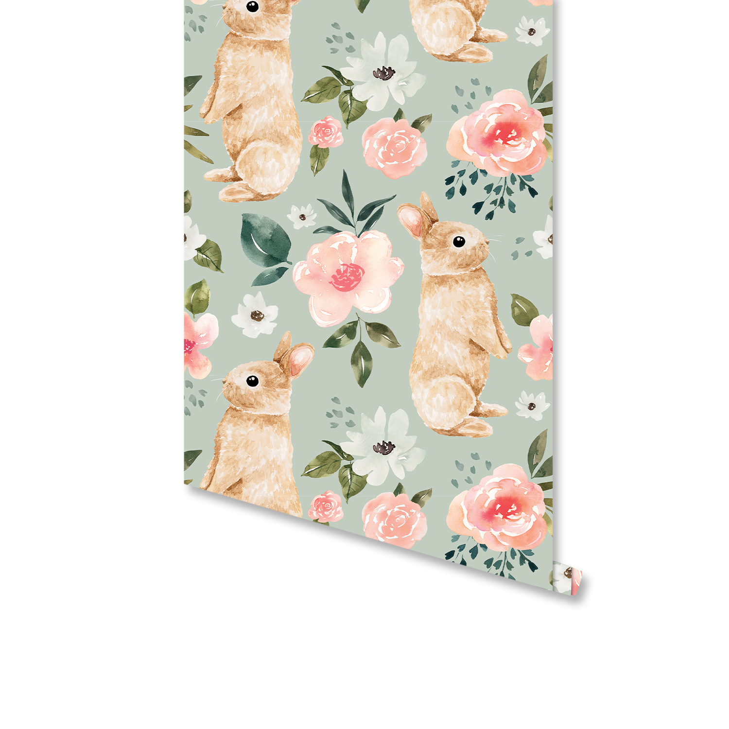 Baby Nursery Wallpaper Girl - Salbeigrüne Hasen-Blumentapete, Kaninchen, rosa Blumen, selbstklebendes,