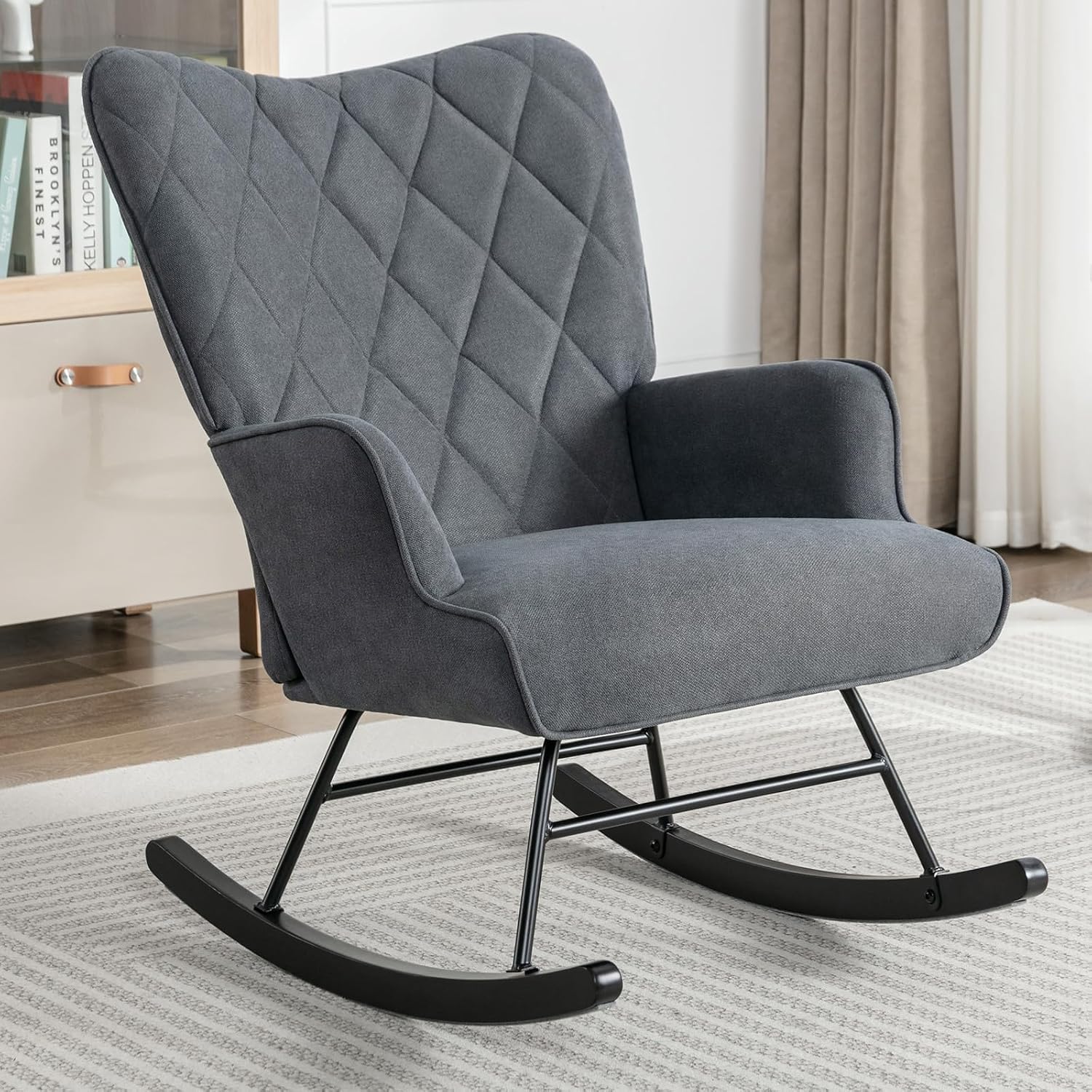 Rocking Chair Nursery - Hochlehniger Gepolsterter Kinderzimmer-Schaukelstuhl, Grauer Stoff Komfortabler