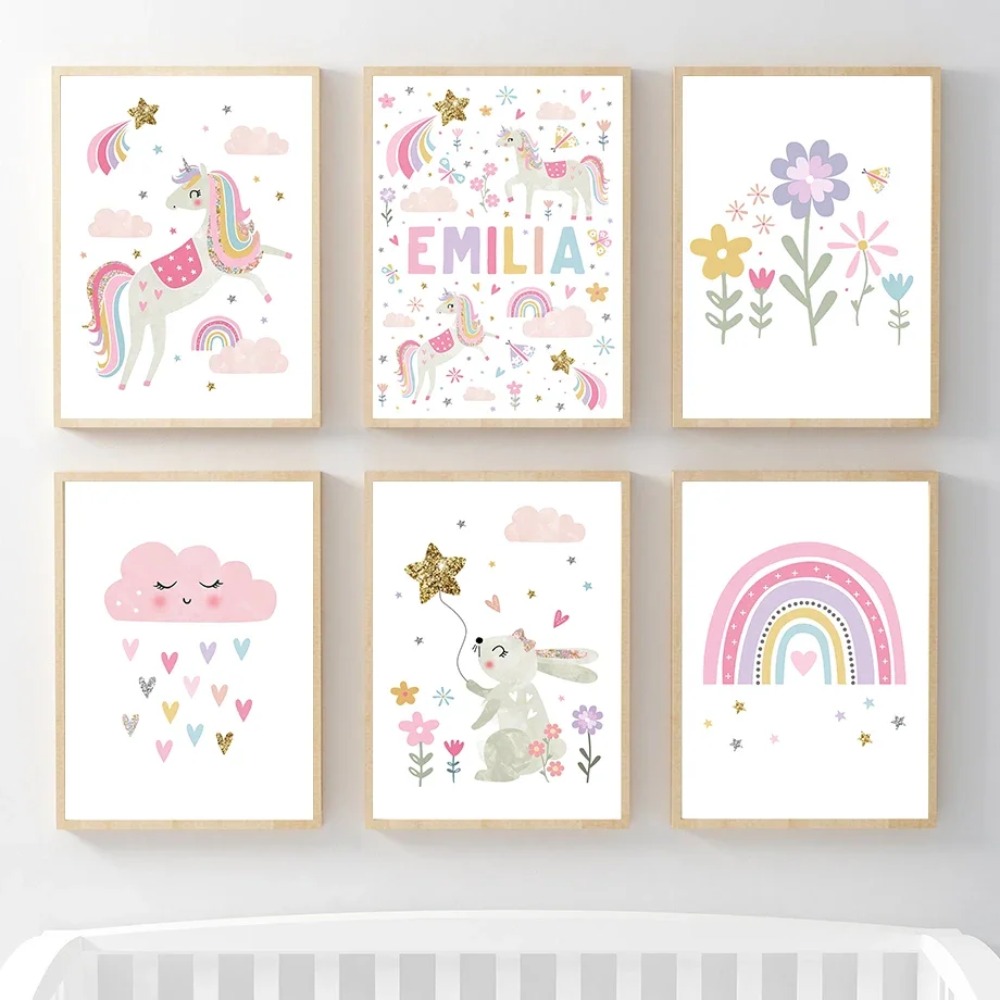 Baby Nursery Paintings - Rosa Einhorn Kaninchen Regenbogen Wolke Blume