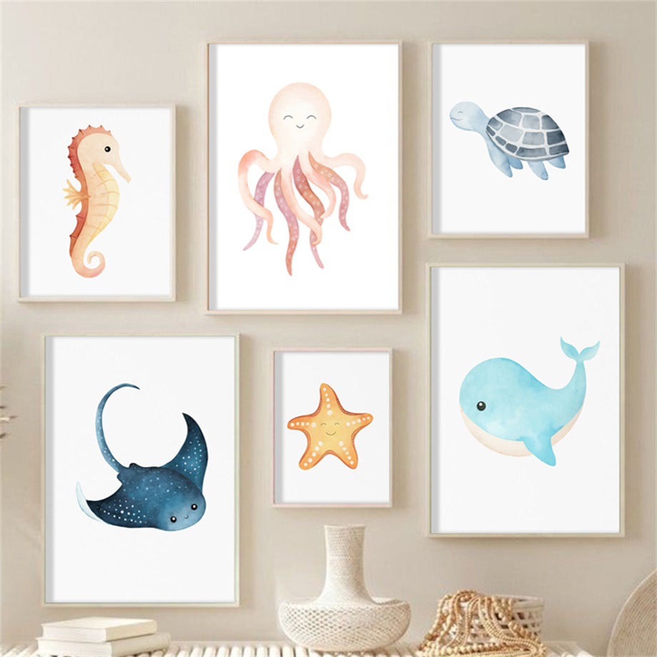 Baby Nursery Murals - Aquarell-Seepferdchen-Wal-Kalmar-Schildkröten-Poster, Leinwanddruck, Kinderzimmer-Wandkunst, Wandbilder, Baby- und