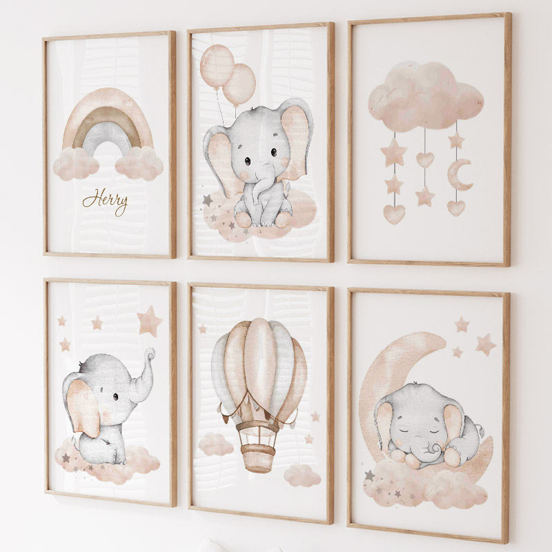 Baby Nursery Paintings - Niedlicher Elefant, heißer Ballon, Mond, Regenbogen,