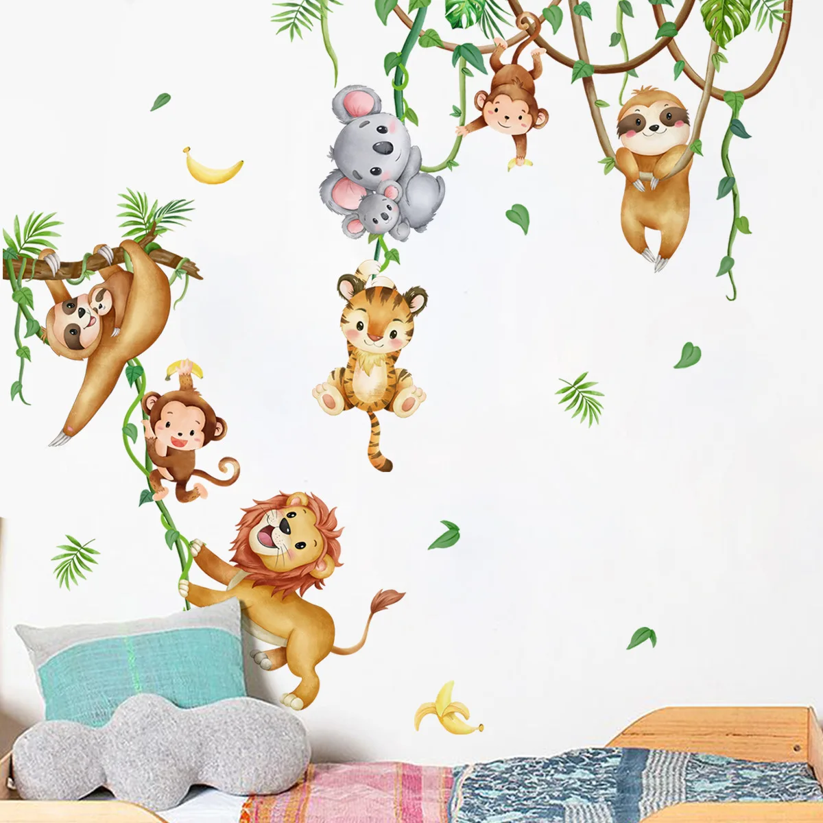 Baby Nursery Wallpaper Girl - Waldtier Löwe Faultier Affe Zweige Blatt