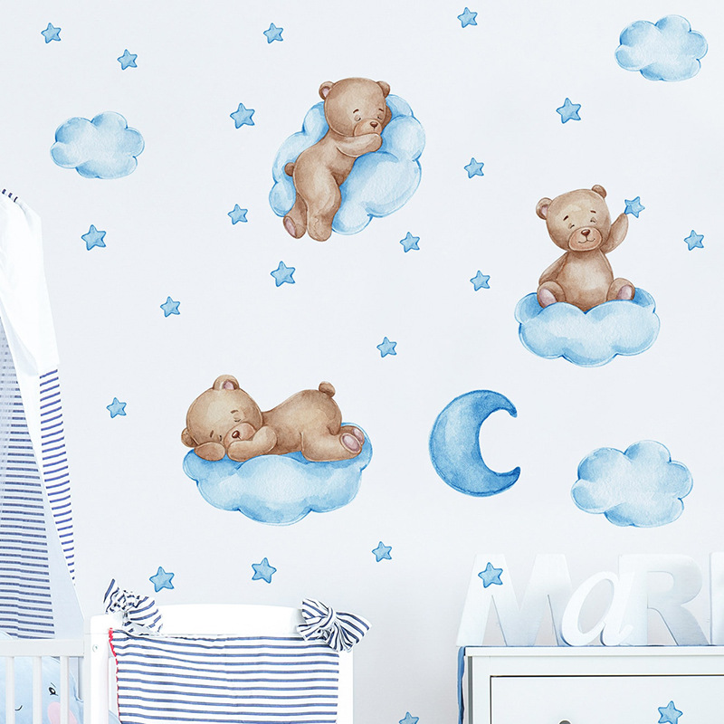 Baby Nursery Wallpaper Girl - Cartoon Blauer Teddybär Mond Wandaufkleber für