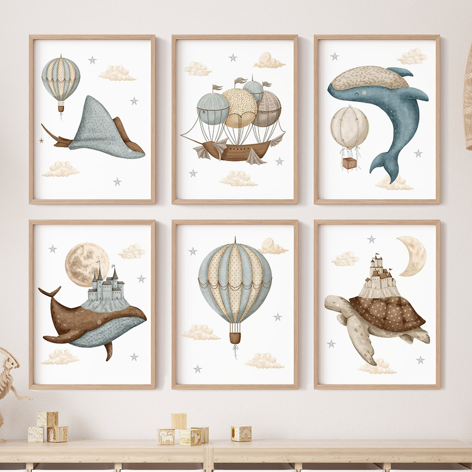 Baby Nursery Paintings - Wal-Schildkröten-Schloss-Ballon Nordische Kinderzimmer-Wandkunst Poster Kunstdrucke Diamantmalerei