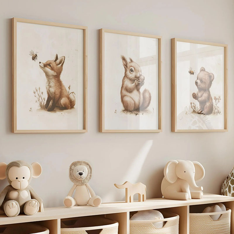 Baby Nursery Paintings - Bär, Hase, Fuchs, Hirsch, Eichhörnchen, Maus