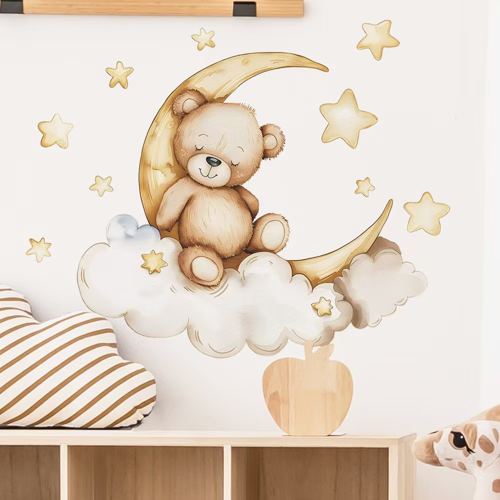 Niedliche Bären-Mond-Stern-Wan – Baby Nursery Wallpaper Girl Bewertung und Preis