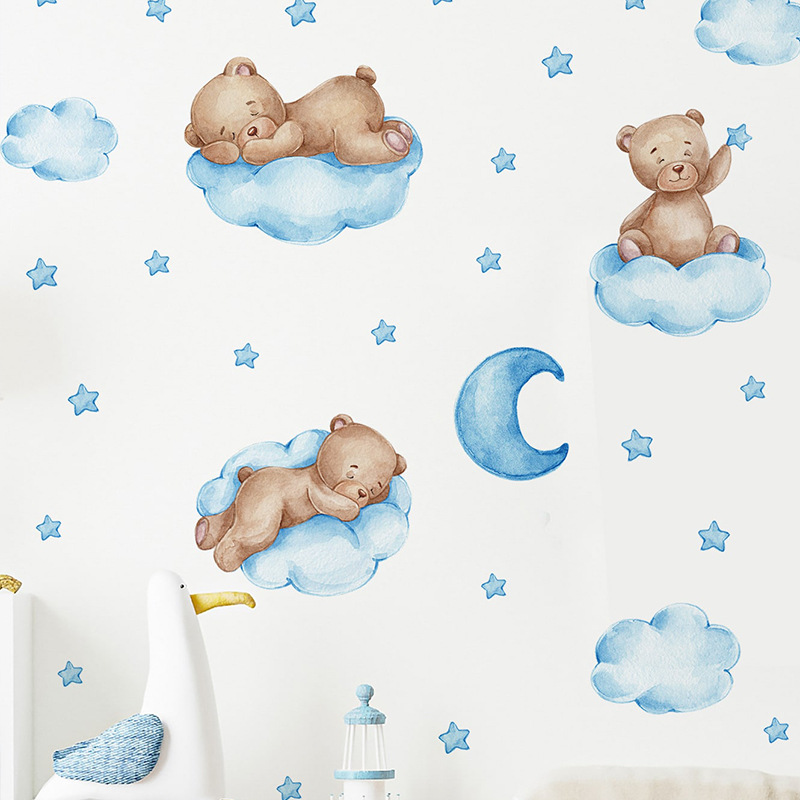 Cartoon Blauer Teddybär Mond W – Baby Nursery Wallpaper Girl Bewertung und Preis