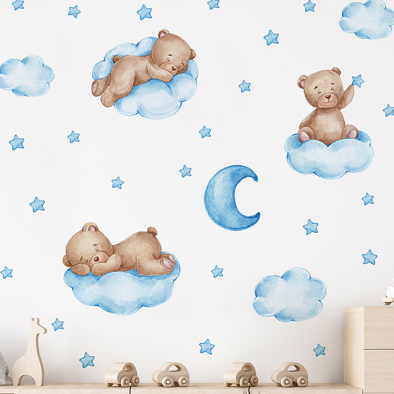 Cartoon Blauer Teddybär Mond W – Baby Nursery Wallpaper Girl Bewertung und Preis